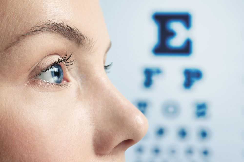 женщина в контактных линзах возле таблицы по проверке зрения
